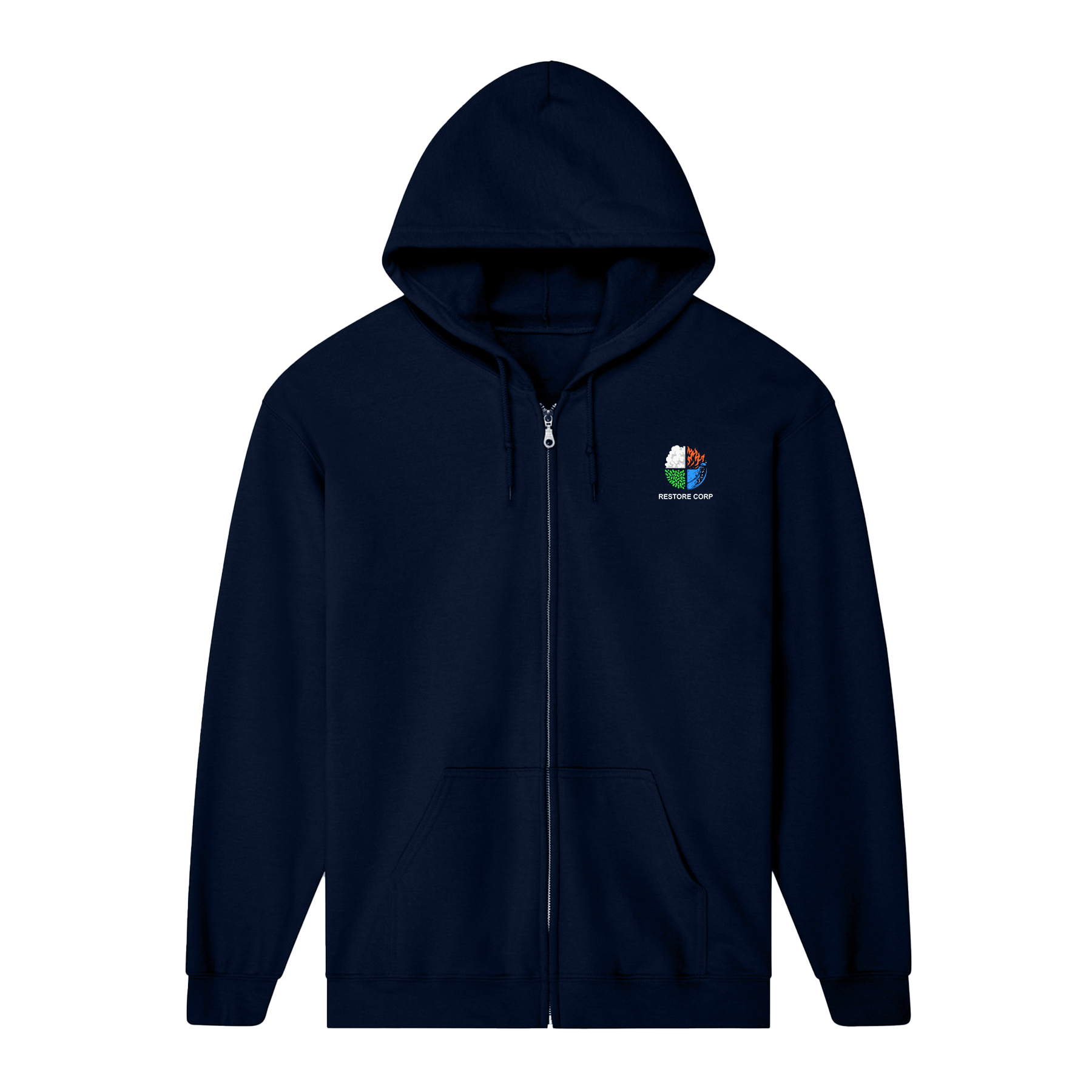 RESTORE CORP LOGO BLEND ZIP NAVY HOODIE | RESTORE CORP