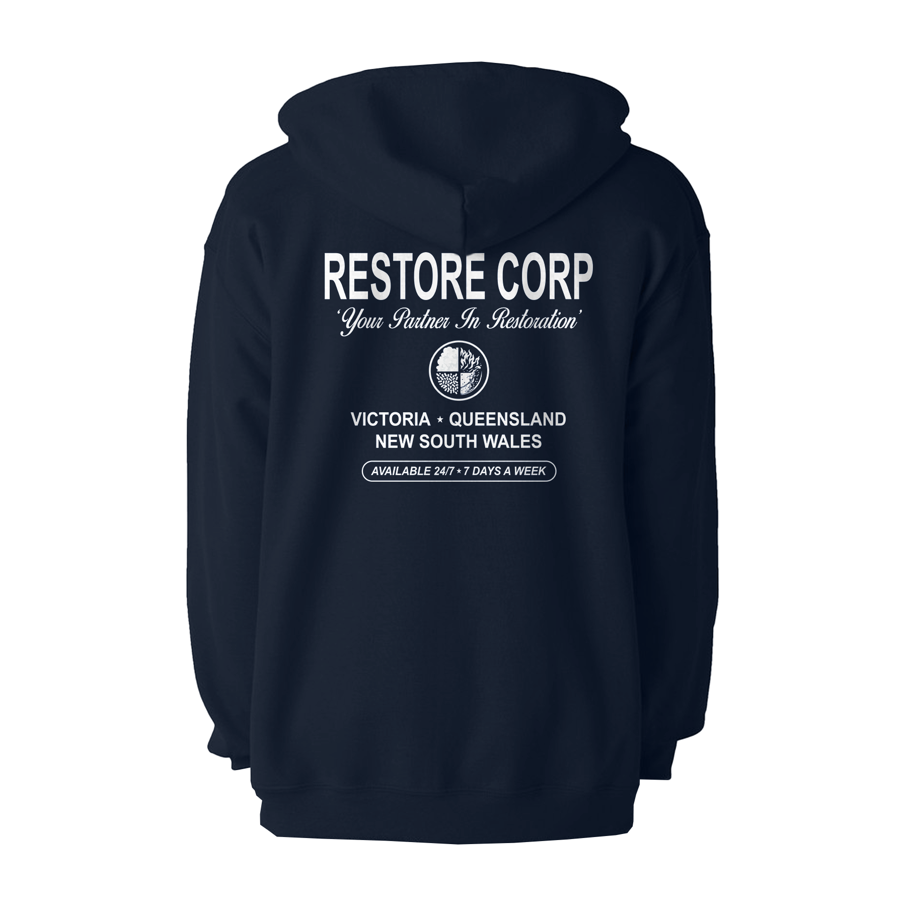RESTORE CORP LOGO BLEND ZIP NAVY HOODIE | RESTORE CORP