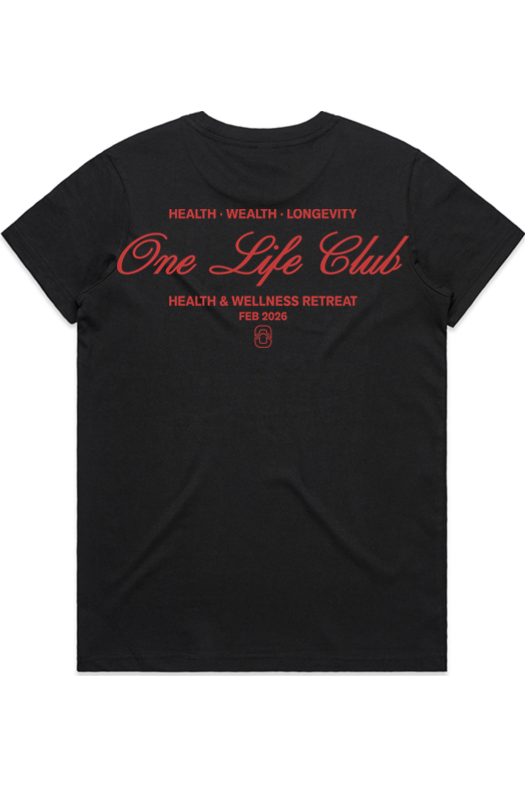ONE LIFE CLUB HEALTH & WELLNESS WO'S MAPLE BLACK TEE | ONE LIFE CLUB