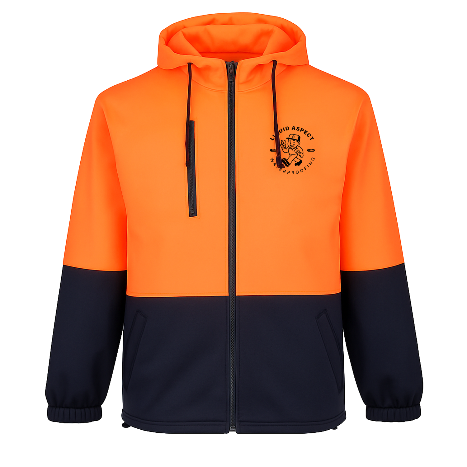 LIQUID ASPECT WATERPROOFING ARCH PRINT HI-VIS WORKWEAR WATER REPELLENT ORANGE NAVY CLASS D HOODIE | LIQUID ASPECT WATERPROOFING