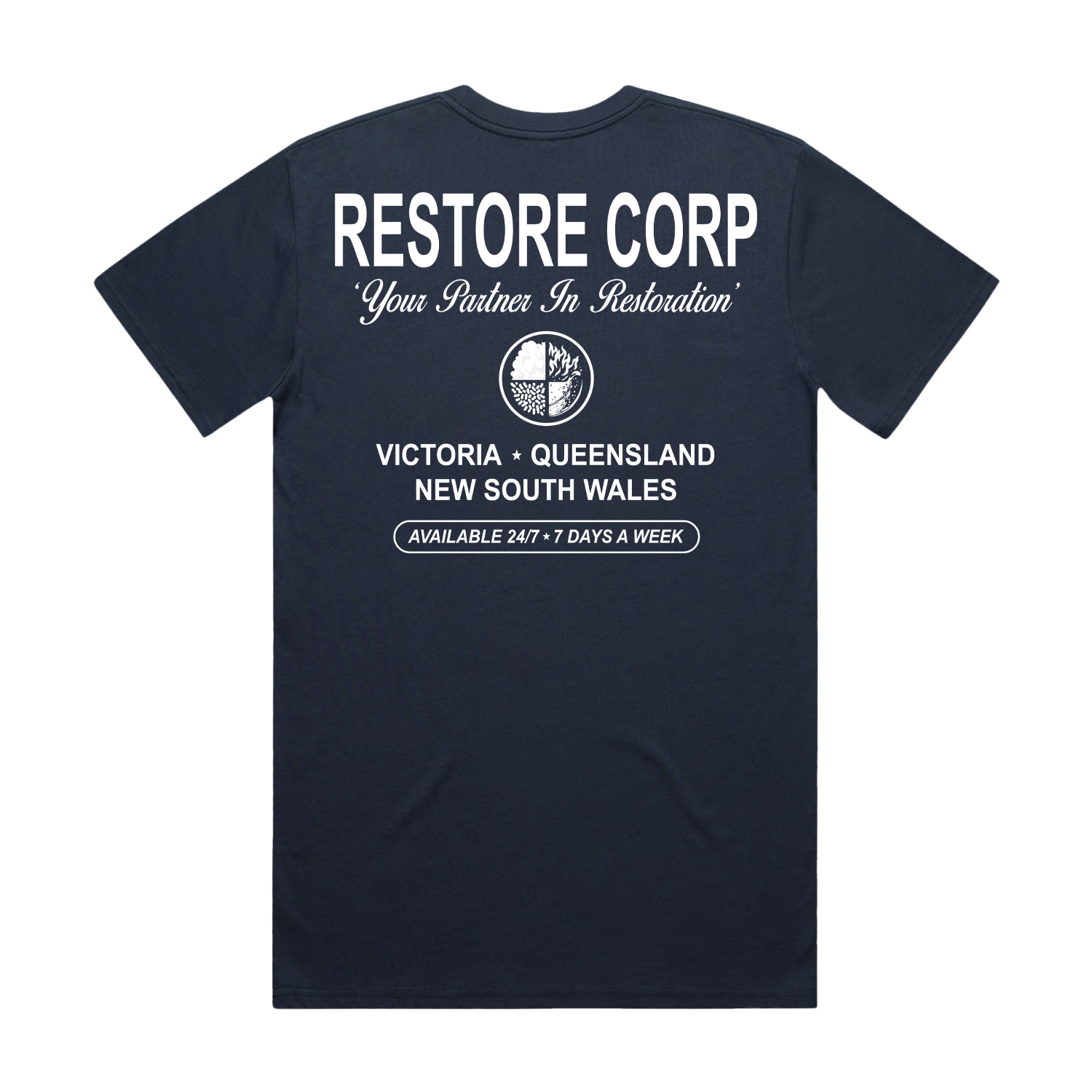 RESTORE CORP LOGO STAPLE BLUE TEE | RESTORE CORP